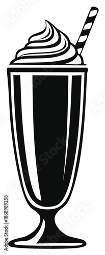 Black and white vector illustration of a classic milkshake topped with whipped cream and a striped straw in a tall glass