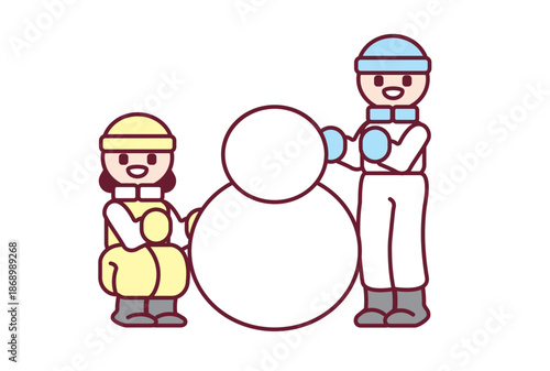 楽しそうに雪だるまを作っている子どもたちのイラスト