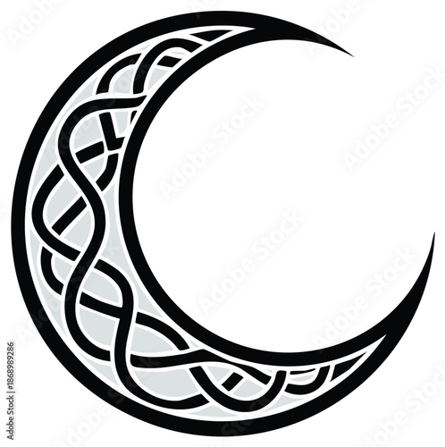 Elegant Black and White Celtic Knot Patterned Crescent Moon Symbol Graphic Illustration