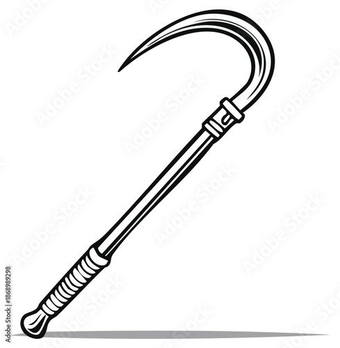 Kama: Isolated Vector Illustration of a Japanese Scythe, Black and White Drawing of Weapon