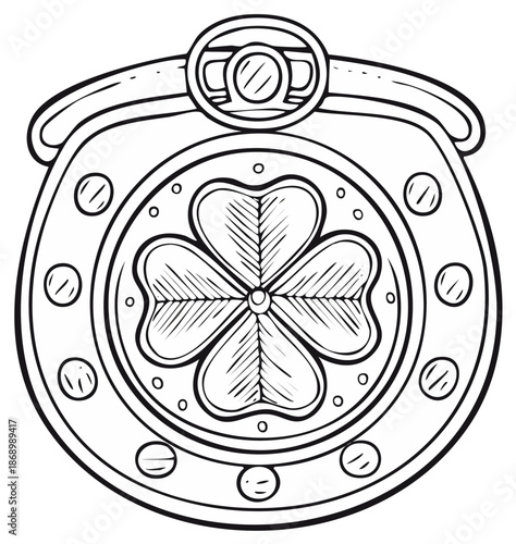 Lucky horseshoe emblem with a four-leaf clover and ornate detailing drawing