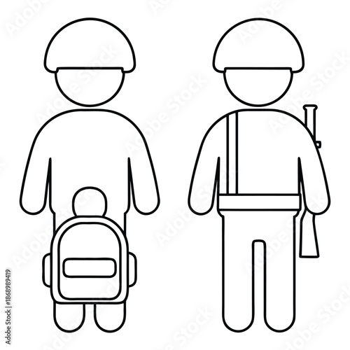 Simple outline icons depict a student with a backpack beside a soldier figure with equipment ready for duty