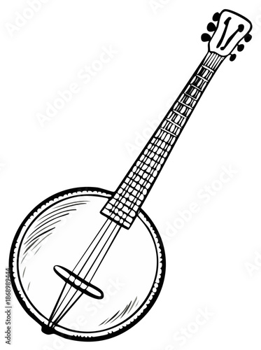 Black and white line art illustration of a traditional banjo musical instrument