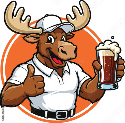 Cartoon moose mascot character wearing a white polo shirt and hat holding a dark beer glass and giving a thumbs up.