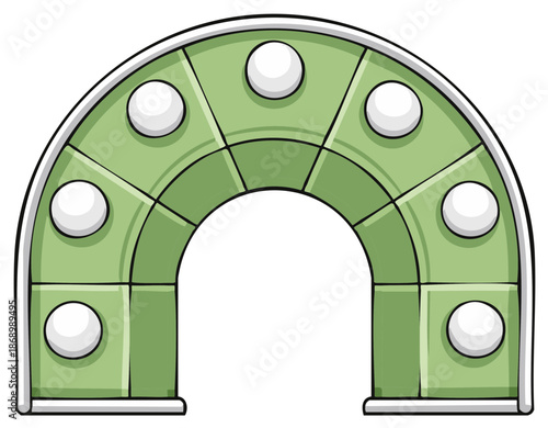 Playful cartoon green horseshoe game track segment with white spheres vector illustration