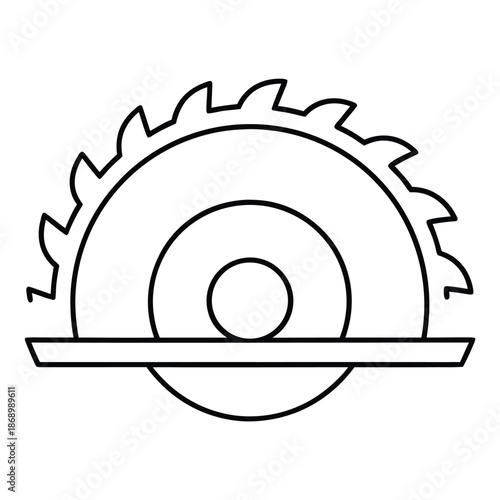 Simple black line art icon representing a circular saw blade cutting through a piece of wood material