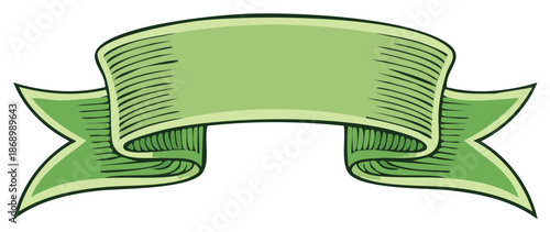 Green ribbon banner with vintage etching style. Blank scroll emblem.