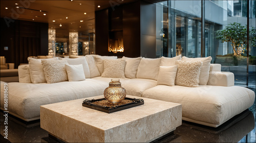 Elegant modern hotel lobby with plush seating and ambient lighting.