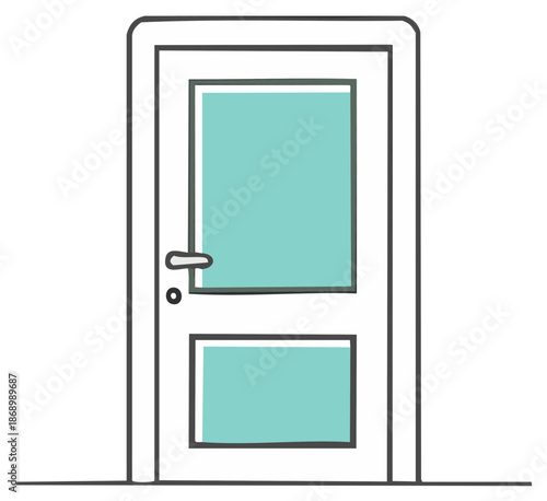 Stylized Front Door Sketch Illustration with Light Blue Glass Panels and Metallic Knob