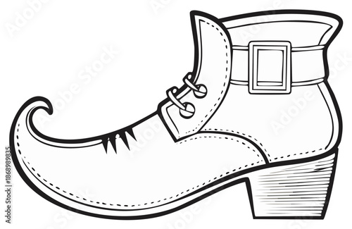 Isolated line art illustration of a traditional leprechaun boot with a curled toe and buckle