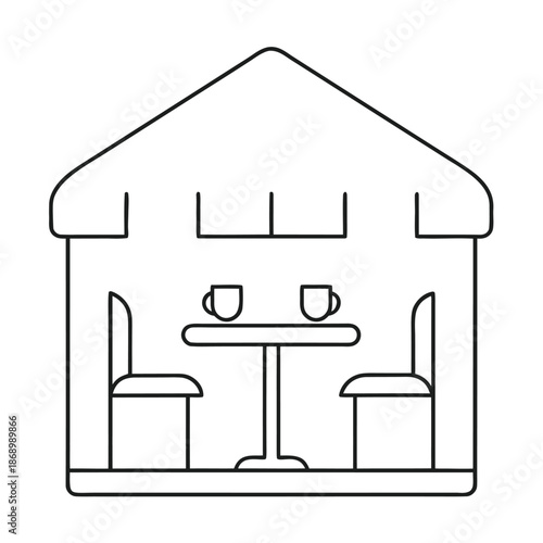 Simple line art icon depicting a cozy outdoor cafe seating area with two cups on a table