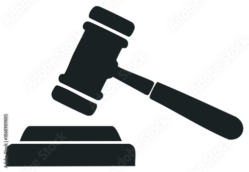 Simple black vector icon of a judge's gavel and sound block for law, justice, and auction concepts.