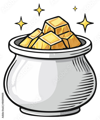 Cartoon pot of gold illustration filled with sparkling gold cubes