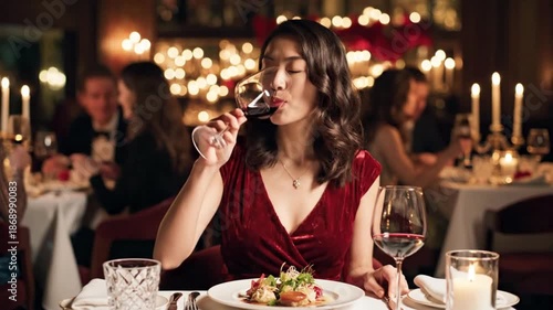 Luxury dinner date night out with wine and food in fancy restaurant