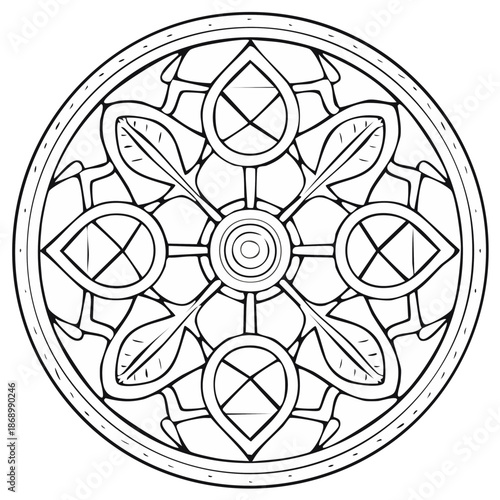 Intricate symmetrical circular mandala design line art illustration for coloring book