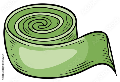 Rolled Green Ribbon or Fabric Decorative Design Element, Abstract Swirl Pattern, Textile Band Ornament