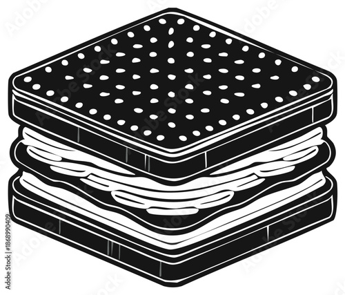 Isometric Black and White Sandwich Illustration: Delicious Stacked Layers with Filling