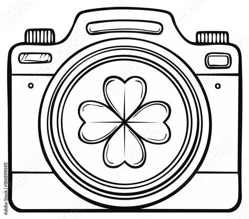 Outline drawing of a camera featuring a four leaf clover on its lens luck and photography concept
