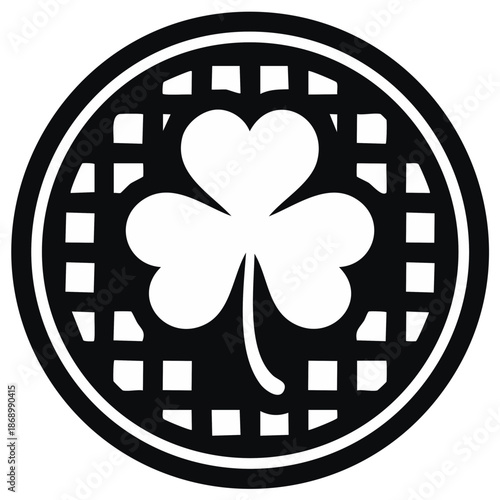 Black and white shamrock within a circular plaid pattern
