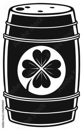 Black Barrel with White Four Leaf Clover Illustration Symbol of Luck and Irish Culture