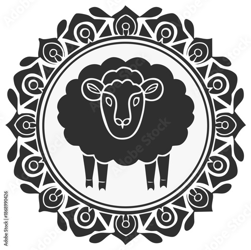 Black silhouette of a sheep in a decorative circular mandala frame icon illustration graphic