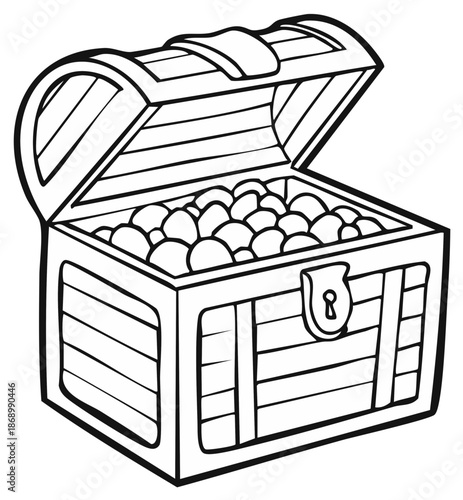 Open Treasure Chest Filled with Gold Coins Illustration, Outlined Wooden Pirate Box