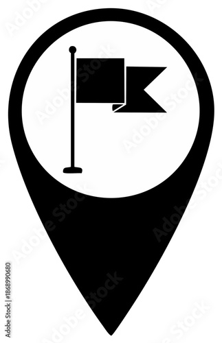 Black flag location marker icon, showing a waving flag within a pin silhouette on white.