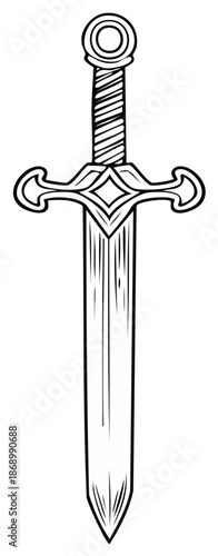 Medieval sword illustration with ornate hilt and blade in black and white