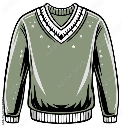 Cozy green v-neck pullover sweater with stars and ribbed trim vector illustration