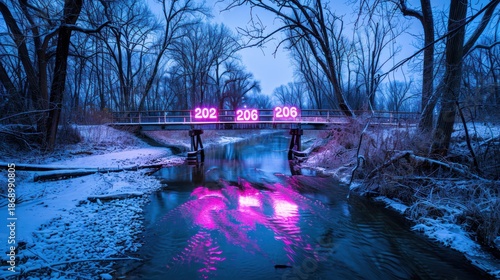 Night Scene of Bridge Over Snowy River with Neon Numbers in Cold Winter Landscape