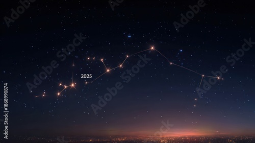 Night Sky Constellation with Bright Stars and the Year 2025 Mark