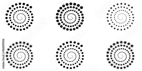 Set of Six Minimalist Black Spiral Icons with Different Geometric Shapes Including Stars Circles and Hexagons on White