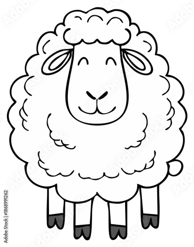 Happy Fluffy Cartoon Sheep Outline Drawing Smiling Front View