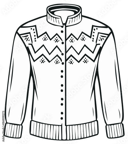 Black and white line art illustration of a winter cardigan sweater with traditional Nordic patterns