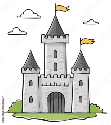 Whimsical Medieval Castle with Towers Flags and Clouds Simple Illustration