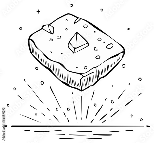 Hand drawn illustration of a mysterious floating stone with crystals and energy sparks