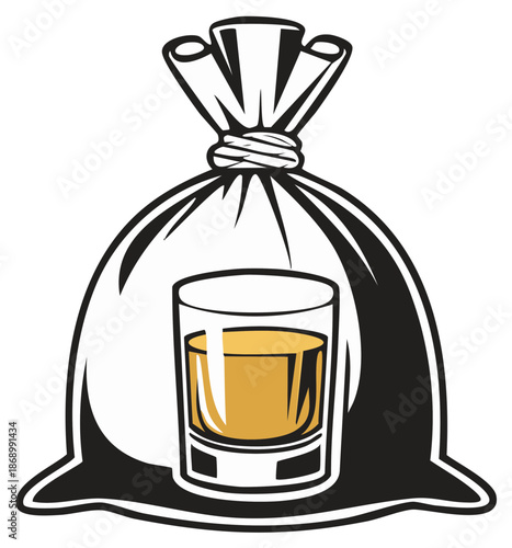 Tied bag with shot glass and amber liquid vector illustration