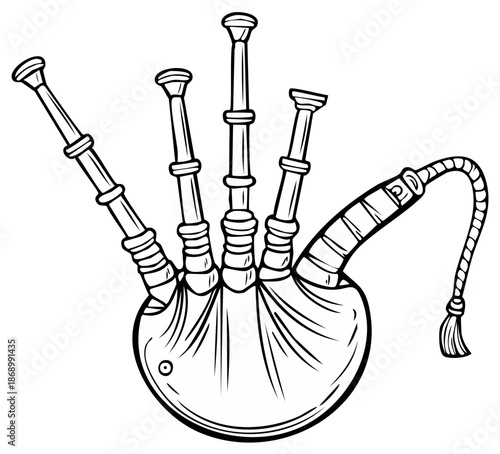 Black and white illustration of a bagpipe, a traditional musical instrument.