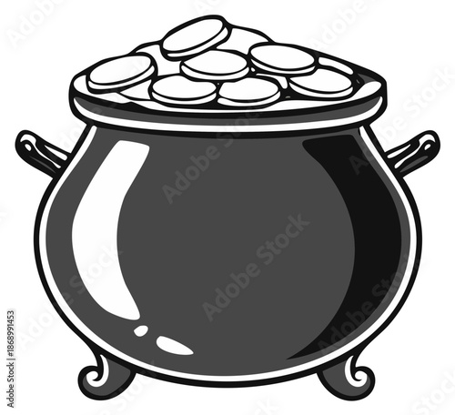 Traditional Pot Brimming with Coins Icon for Wealth, Luck, and Treasure Concepts