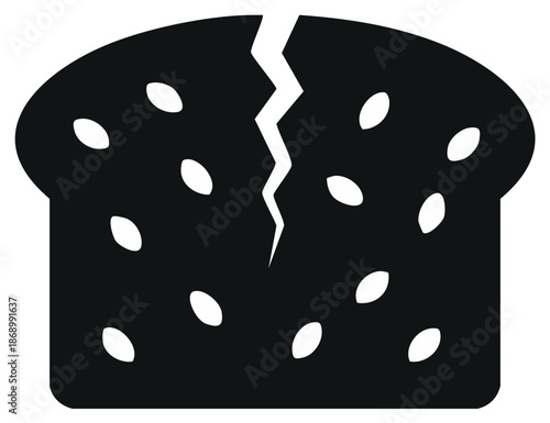 Black and white sliced bread with sesame seeds and a crack, representing a broken or divided loaf