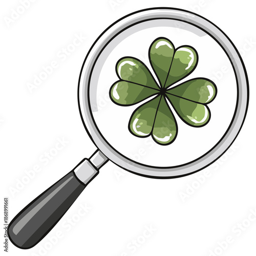 Magnifying glass examining a four leaf clover for good luck and fortune
