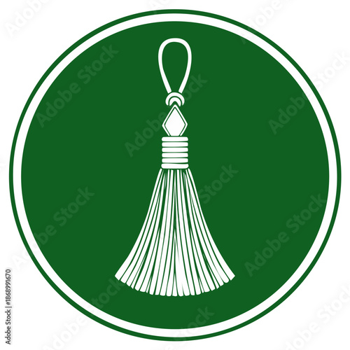 Green circle icon with white tassel illustration symbolizing tradition, elegance, and formal wear