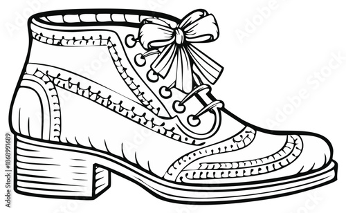 Ornate Lace-Up Boot with Decorative Bow Accent and Block Heel