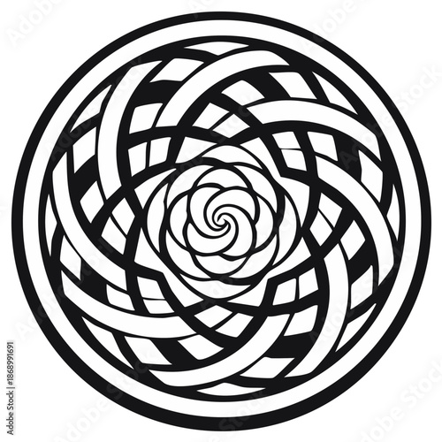 Abstract geometric design featuring interwoven patterns and a central spiral in a circular frame, creating an eye-catching, repetitive and decorative motif