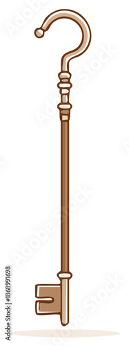 Ornate Symbolic Key with Hook, Antique Looking, Hand Drawn Graphic Style, Symbol of Secrets, and Mysteries