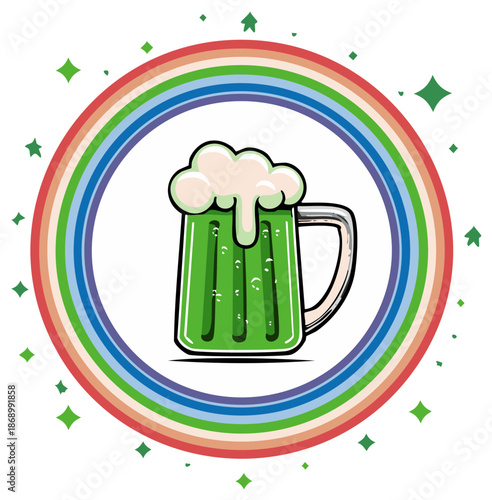 St Patricks Day themed cartoon illustration of a green beer mug in front of rainbow