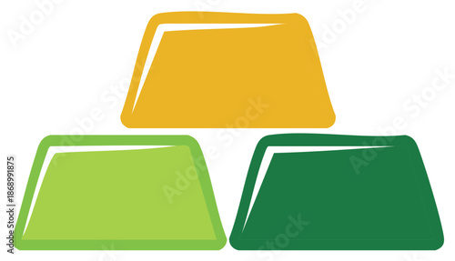 Set of three colorful abstract trapezoid shapes in yellow and green tones arranged in a pyramid