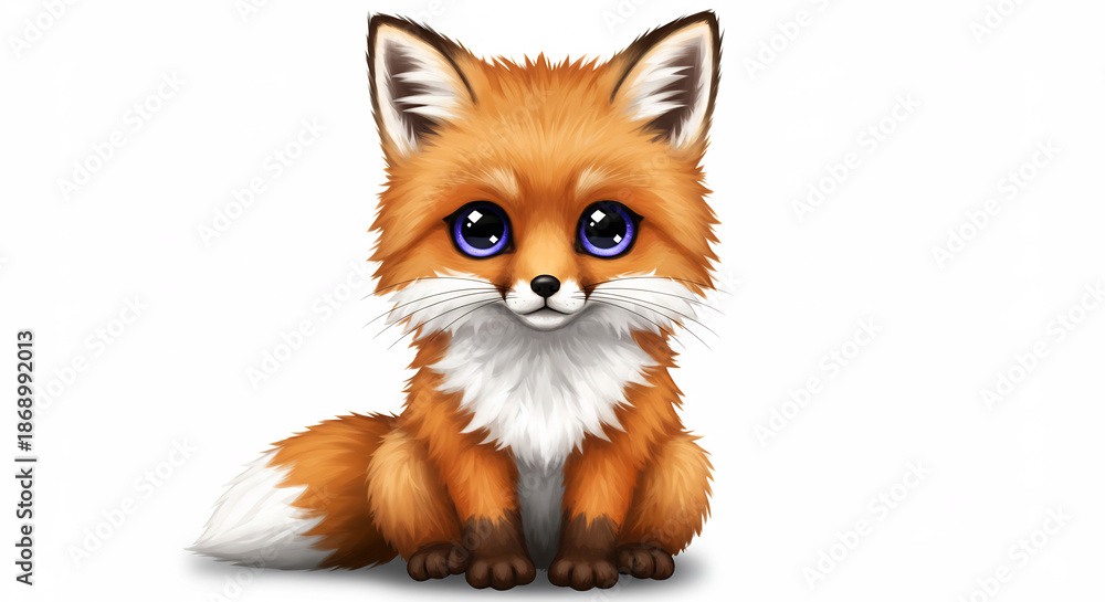 Obraz premium Ein entz�ckender kleiner Fuchs Cartoon sitzt mit grossen Kulleraugen und flaumigem Fell im niedlichen Kawaii Stil. AI Generated