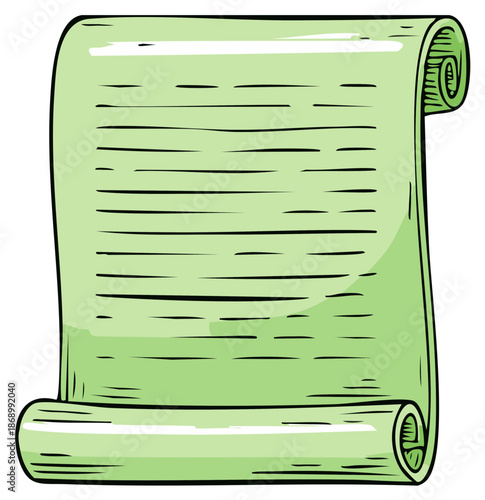 Hand drawn old green paper scroll with lines. Vintage manuscript, letter, or document cartoon illustration.