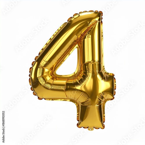 Golden Celebration Number 4: An elegantly inflated golden number four balloon against a bright background, representing celebration, milestones, and special occasions.